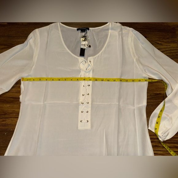 ACROBAT Ivory White Silk Lace Up Blouse L - Picture 9 of 12